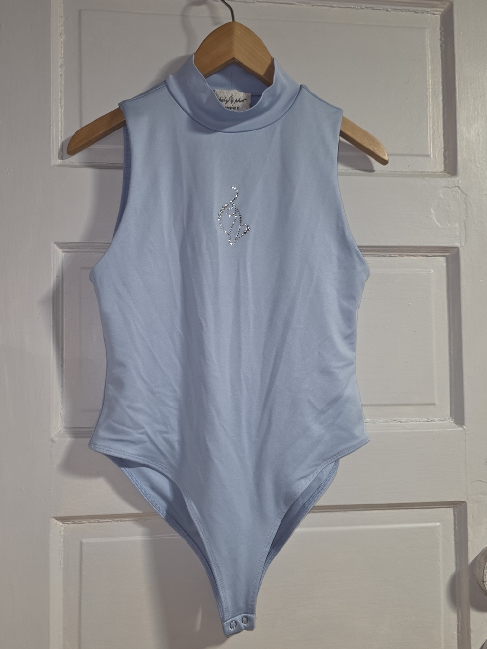 Y2k Style Baby Phat X Forever Light Blue Sleeveless Mock-Neck One-Piece Bodysuit